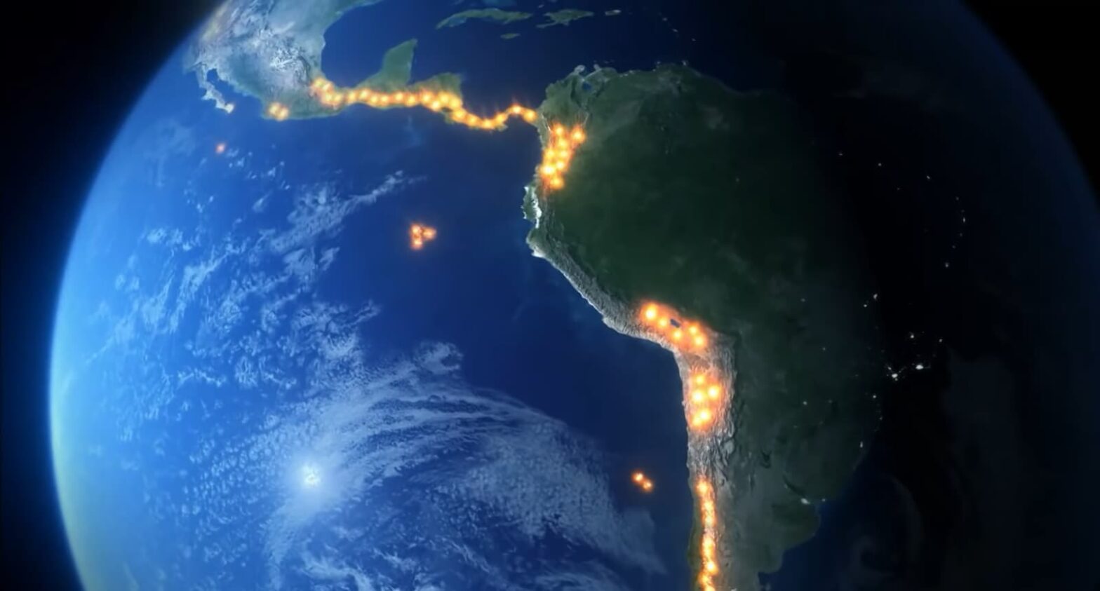 A digital view of Earth highlighting tectonic plate boundaries with fire