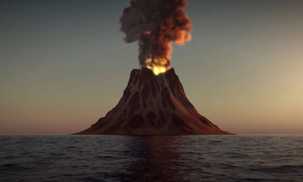 A solitary volcano erupts at dusk in the middle of the ocean