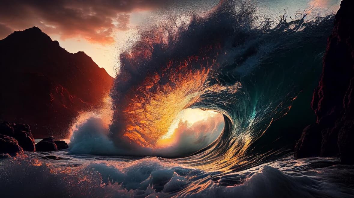 A vibrant wave curls against a sunset-lit backdrop