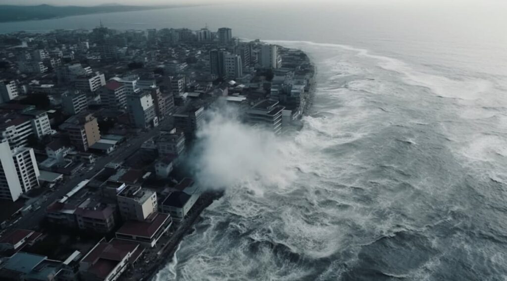 A massive wave engulfs a seaside cityscape