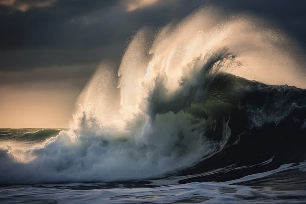 A towering wave crests, backlit by the sun