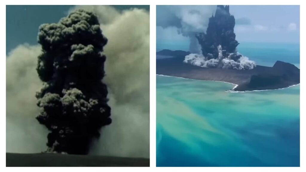 A side-by-side comparison of two volcanic eruptions