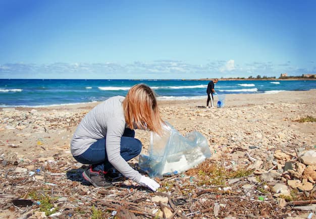 Volunteers clean the beach of plastic